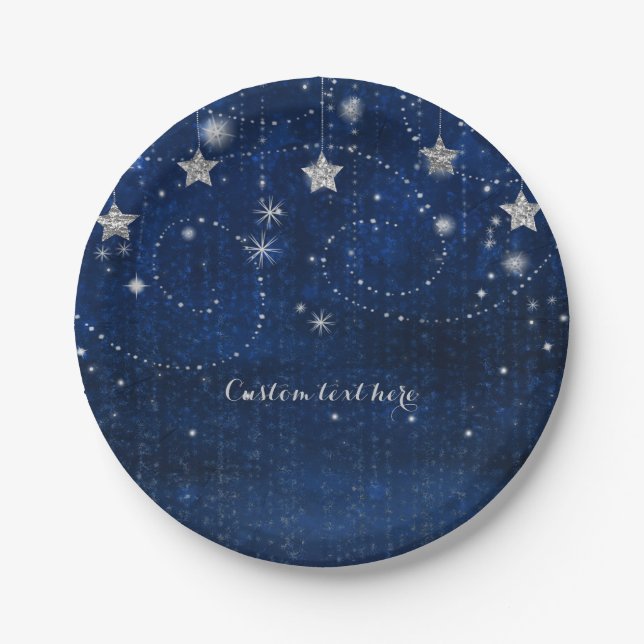 Bright Blue & Silver Starry Celestial Party Paper Plates (Front)