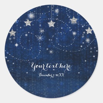Bright Blue & Silver Starry Night Celestial Favor Classic Round Sticker by printabledigidesigns at Zazzle
