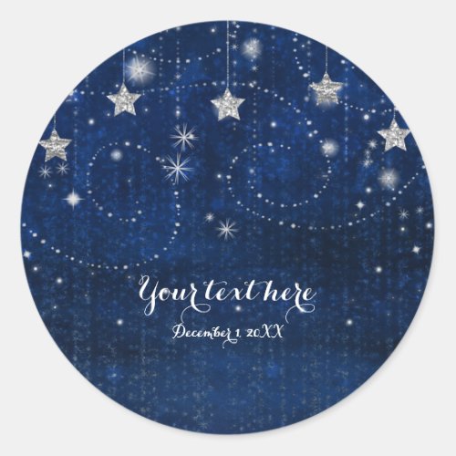 Bright Blue  Silver Starry Night Celestial Favor Classic Round Sticker