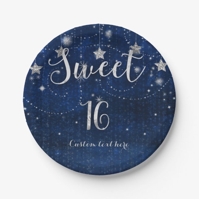 Bright Blue & Silver Starry Sweet 16 Party Paper Plates (Front)