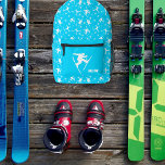 Bright Blue Skiers and Ski Tricks Winter Themed Printed Backpack<br><div class="desc">Show off your love of skiing and ski jumps with this personalized backpack. It features illustrations of skiers doing ski tricks as well as snowflakes in white set against a bright blue background. There's a spot on the front pocket to add your initials or other text.</div>