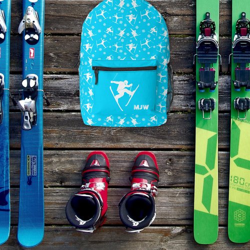 Bright Blue Skiers and Ski Tricks Winter Themed Printed Backpack