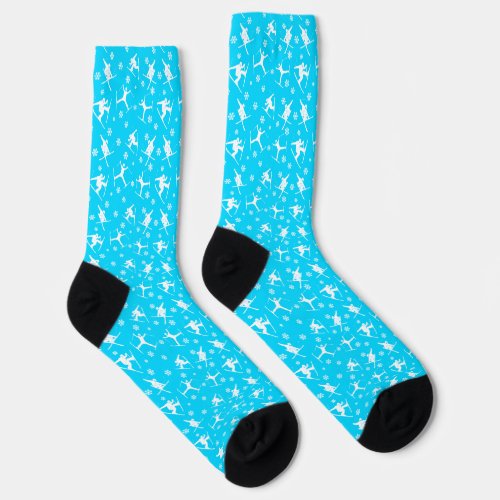 Bright Blue Skiers and Ski Tricks Winter Themed Socks