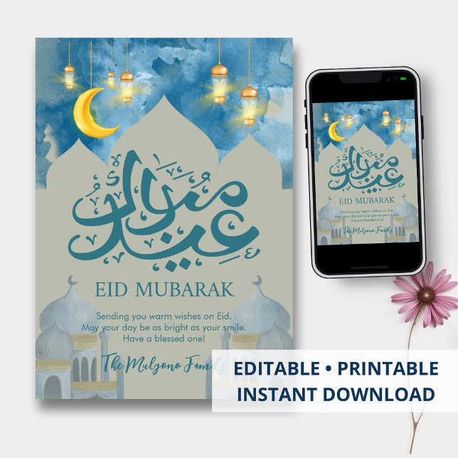 Bright Blue Sky & Gold Crescent Eid Mubarak Card (Creator Uploaded)