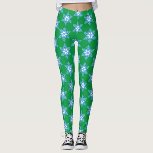 Bright Blue Snowflakes on Bright Green Leggings