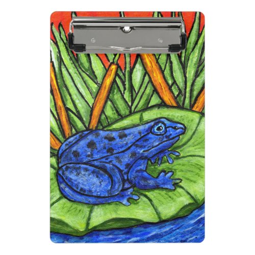 Bright Blue Spotted Frog on Lily Pad Tall Grass Mini Clipboard
