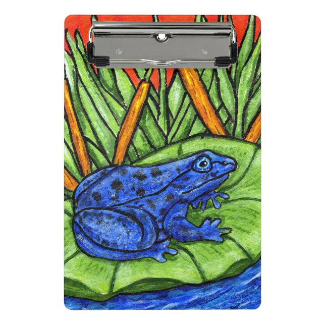 Bright Blue Spotted Frog on Lily Pad Tall Grass Mini Clipboard (Front)