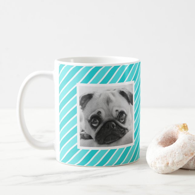 Bright Blue Stripe Pattern Custom Photo Mug (With Donut)