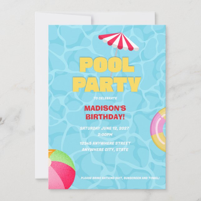 Bright Blue Summer Pool Party Birthday Invite (Front)