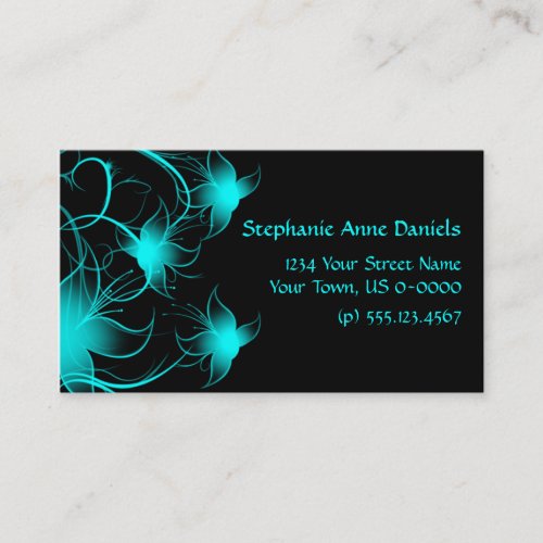 Bright Blue Swirly Flowers on Black Business Card