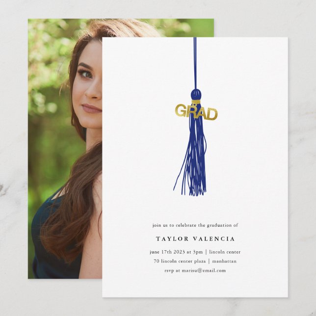 Bright Blue Tassel Graduation Party Photo Custom Invitation (Front/Back)