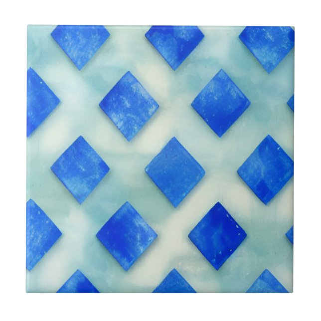 Bright blue teal geometric art  ceramic tile (Front)