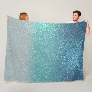 Bright Blue Teal Sparkly Glitter Ombre Gradient Fleece Blanket