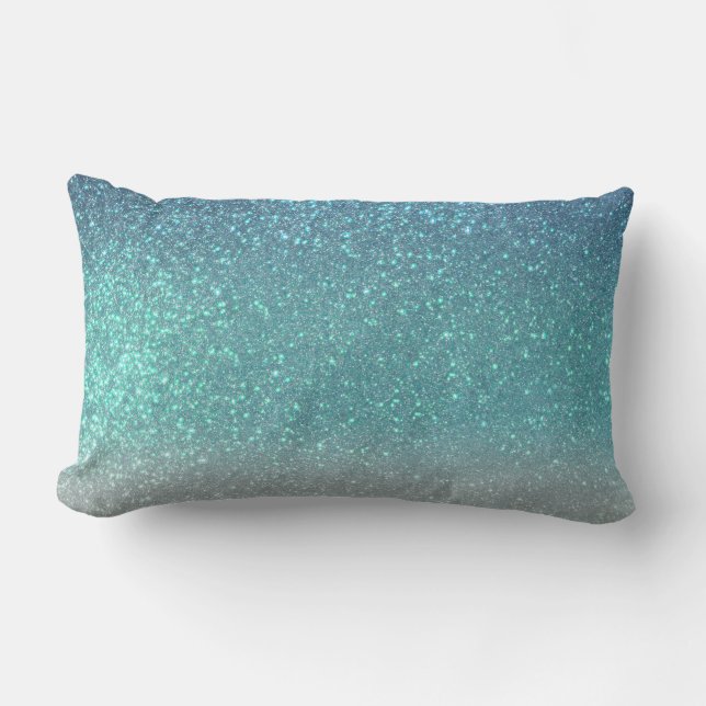 Bright Blue Teal Sparkly Glitter Ombre Gradient Lumbar Pillow (Front)