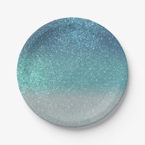 Bright Blue Teal Sparkly Glitter Ombre Gradient Paper Plates