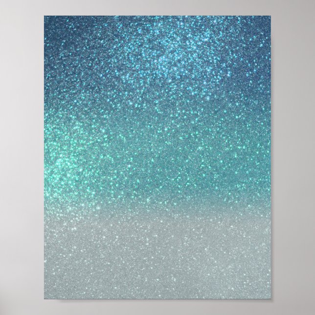Bright Blue Teal Sparkly Glitter Ombre Gradient Poster (Front)