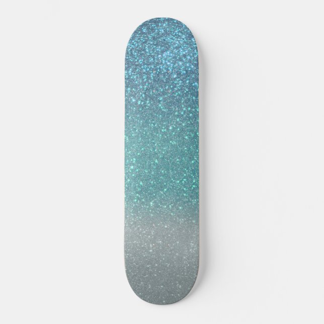 Bright Blue Teal Sparkly Glitter Ombre Gradient Skateboard (Front)