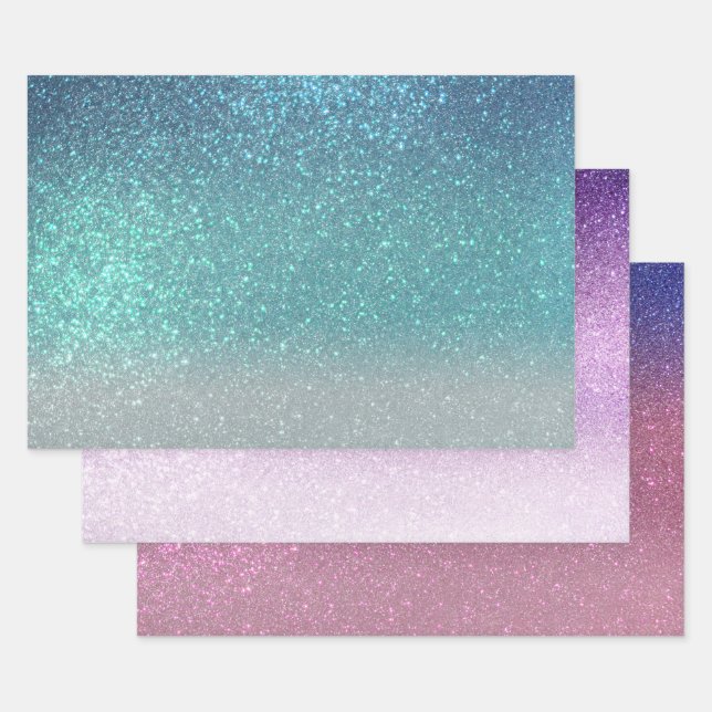 Bright Blue Teal Sparkly Glitter Ombre Gradient Wrapping Paper Sheets (Set)
