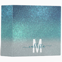 Bright Blue Teal Sparkly Glitter Ombre Monogram 3 Ring Binder