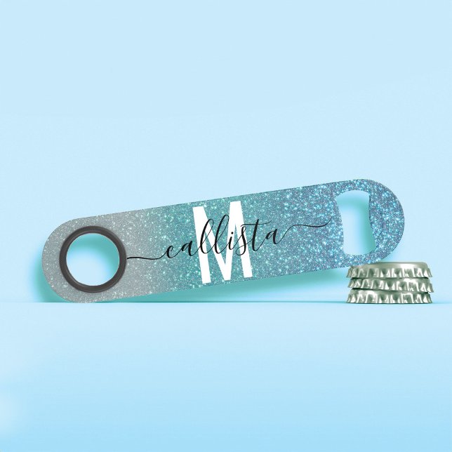 Bright Blue Teal Sparkly Glitter Ombre Monogram Bar Key (Creator Uploaded)