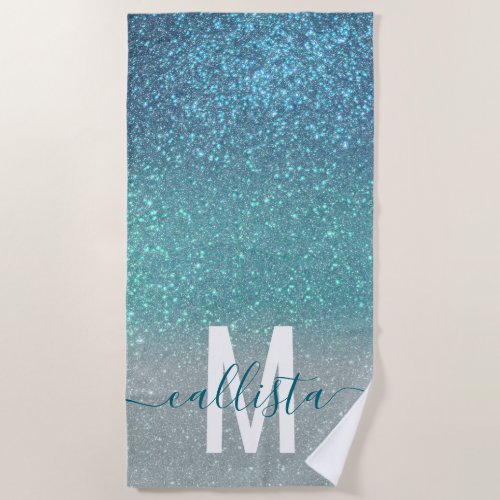 Bright Blue Teal Sparkly Glitter Ombre Monogram Beach Towel