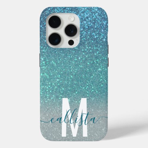 Bright Blue Teal Sparkly Glitter Ombre Monogram iPhone 15 Pro Case
