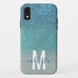 Bright Blue Teal Sparkly Glitter Ombre Monogram iPhone XR Case