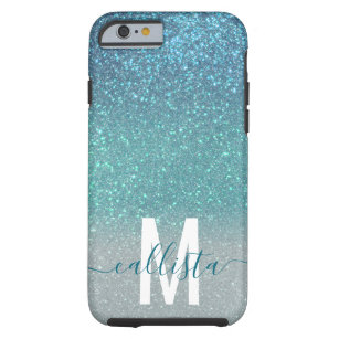 Bright Blue Teal Sparkly Glitter Ombre Monogram Tough iPhone 6 Case