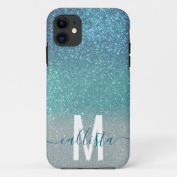 Bright Blue Teal Sparkly Glitter Ombre Monogram iPhone 11 Case