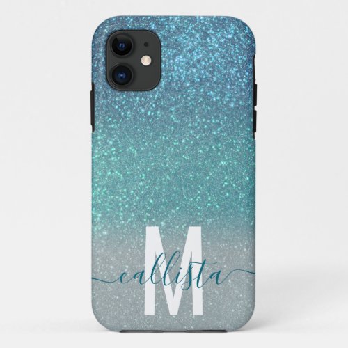 Bright Blue Teal Sparkly Glitter Ombre Monogram iPhone 11 Case