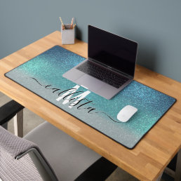 Bright Blue Teal Sparkly Glitter Ombre Monogram Desk Mat
