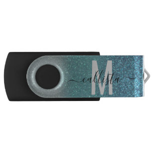 Bright Blue Teal Sparkly Glitter Ombre Monogram Flash Drive