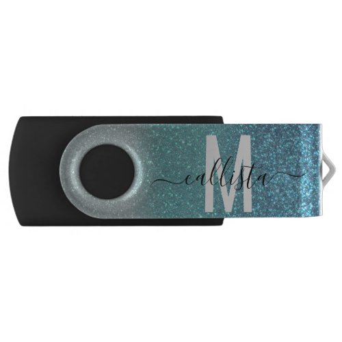 Bright Blue Teal Sparkly Glitter Ombre Monogram Flash Drive