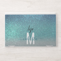 Bright Blue Teal Sparkly Glitter Ombre Monogram HP Laptop Skin