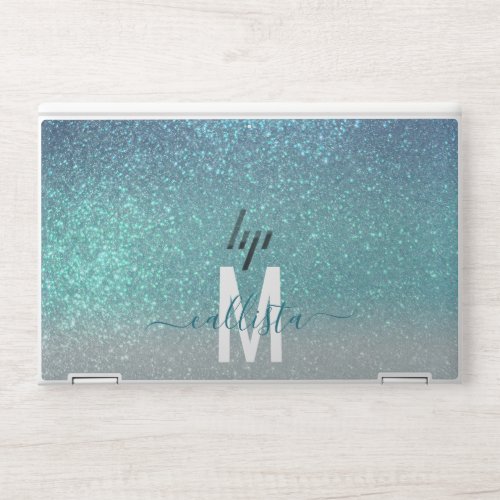 Bright Blue Teal Sparkly Glitter Ombre Monogram HP Laptop Skin