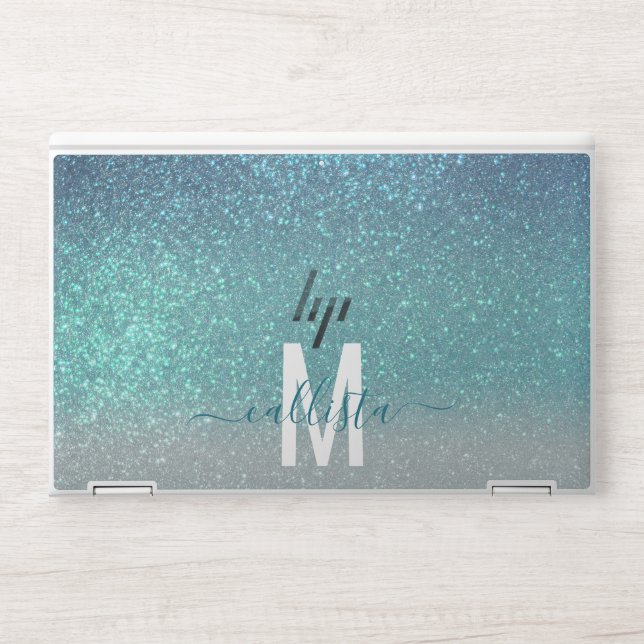 Bright Blue Teal Sparkly Glitter Ombre Monogram HP Laptop Skin (Front)