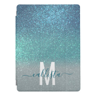 Bright Blue Teal Sparkly Glitter Ombre Monogram iPad Pro Cover