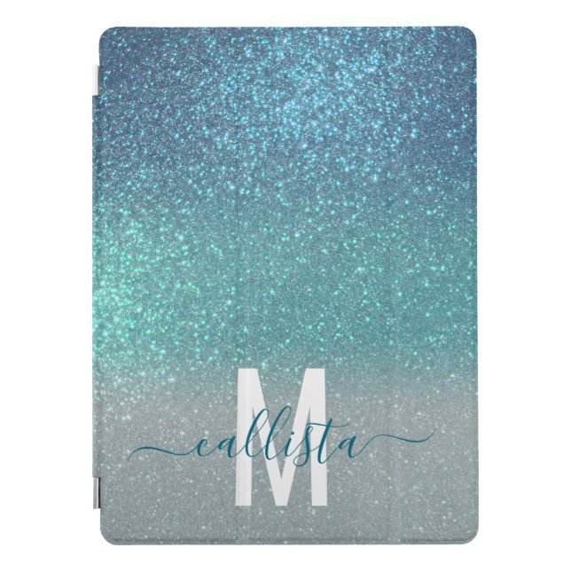 Bright Blue Teal Sparkly Glitter Ombre Monogram iPad Pro Cover (Front)