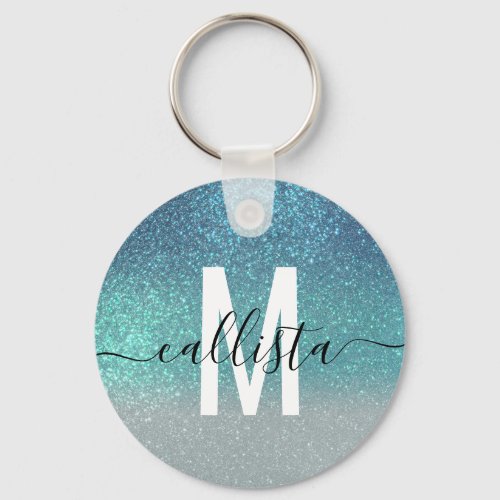 Bright Blue Teal Sparkly Glitter Ombre Monogram Keychain