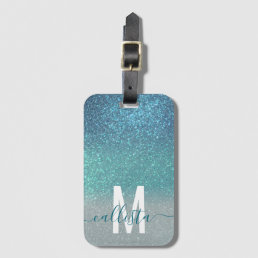 Bright Blue Teal Sparkly Glitter Ombre Monogram Luggage Tag