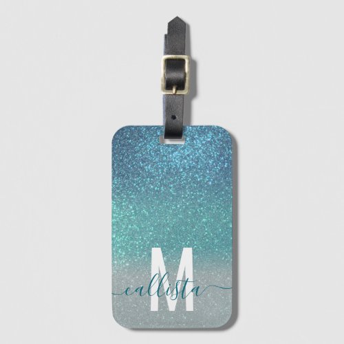 Bright Blue Teal Sparkly Glitter Ombre Monogram Luggage Tag