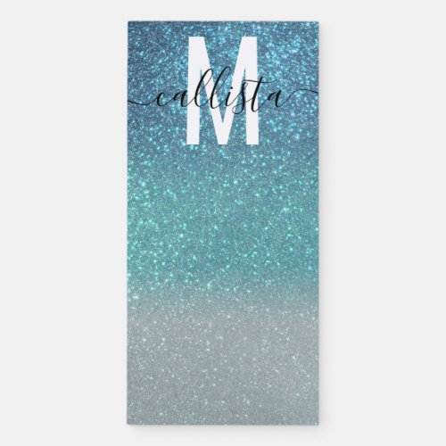 Bright Blue Teal Sparkly Glitter Ombre Monogram Magnetic Notepad