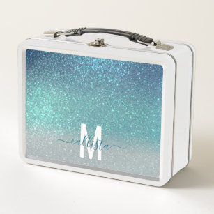 Bright Blue Teal Sparkly Glitter Ombre Monogram Metal Lunch Box