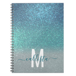 Bright Blue Teal Sparkly Glitter Ombre Monogram Notebook