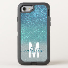 Bright Blue Teal Sparkly Glitter Ombre Monogram OtterBox Defender iPhone SE/8/7 Case