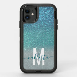 Bright Blue Teal Sparkly Glitter Ombre Monogram OtterBox Defender iPhone 11 Case