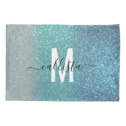 Bright Blue Teal Sparkly Glitter Ombre Monogram Pillow Case
