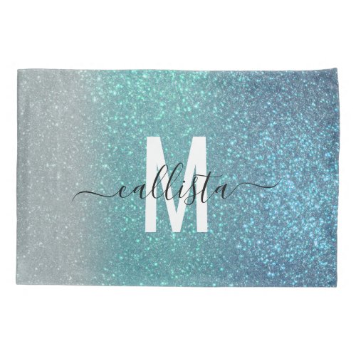 Bright Blue Teal Sparkly Glitter Ombre Monogram Pillow Case