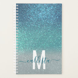 Bright Blue Teal Sparkly Glitter Ombre Monogram Planner