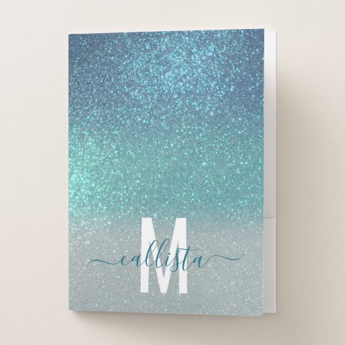 Bright Blue Teal Sparkly Glitter Ombre Monogram Pocket Folder